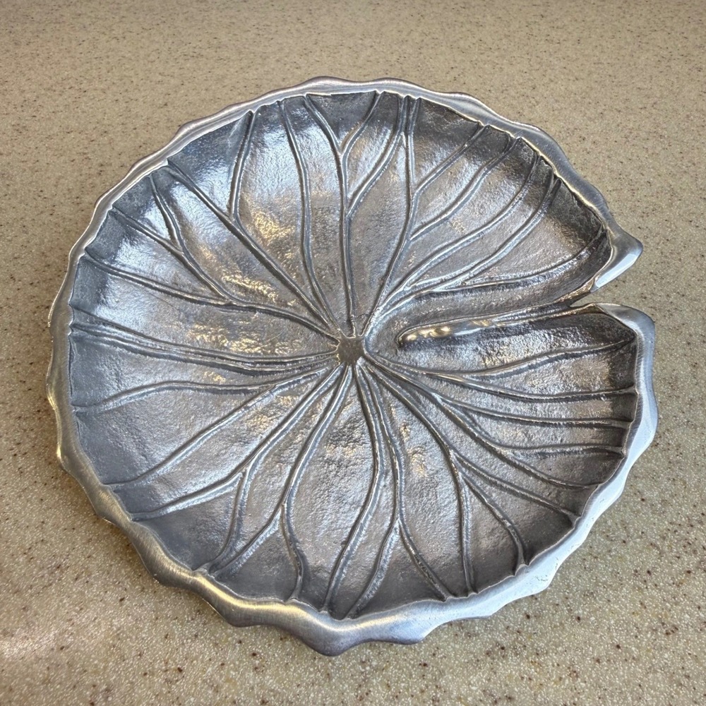 Vintage Ten Thousand Villages Aluminum Lily Pad Dish Silver Leaf Catchall Tray